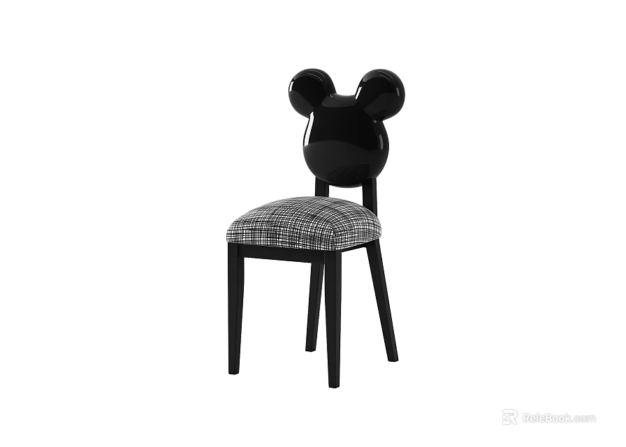 Designer Leisure Chair With Mickey Mouse Ear Shaped Backrest Black Frame And Plaid Fabric Seat 3d model 