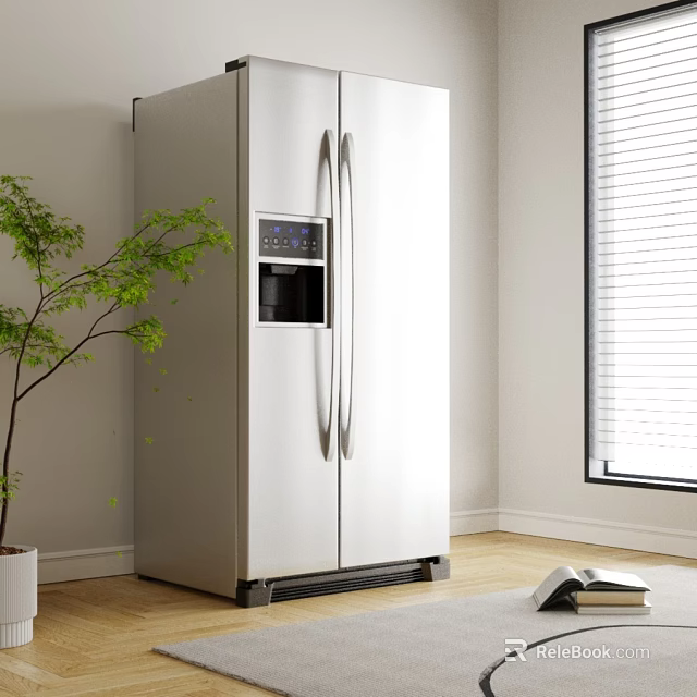 Modern White Double Door Refrigerator With Digital Display In Interior With Green Plant And Window 3d model 