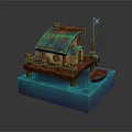 Small Waterfront Cabin With Verdigris Roof Chimney Flagpole And Small Boat On Blue Water Base