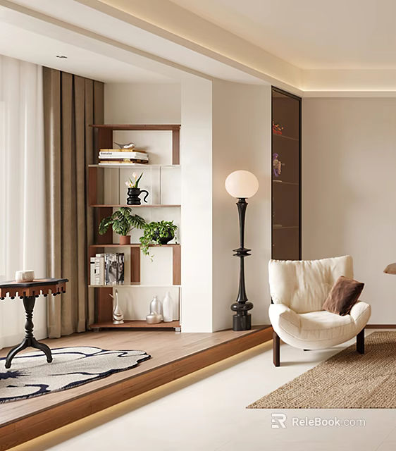 Cream colored Lounge Chair With Floor Lamp Bookshelf Green Plants And Small Table In Cozy Interior 3d model 