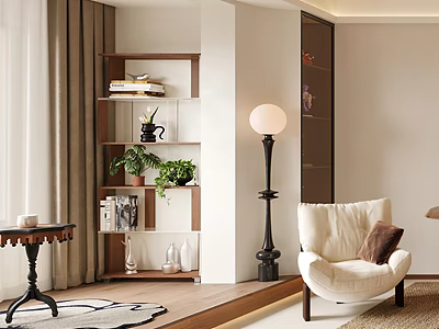 Cream colored Lounge Chair With Floor Lamp Bookshelf Green Plants And Small Table In Cozy Interior 3d model