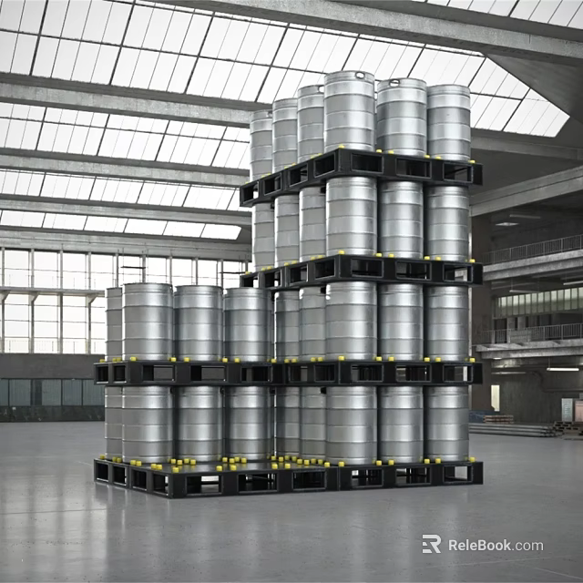 Heavy Duty Industrial Display Shelving With Stacked Silver Metal Drums In Warehouse 3d model 