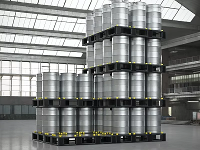 Heavy Duty Industrial Display Shelving With Stacked Silver Metal Drums In Warehouse 3d model