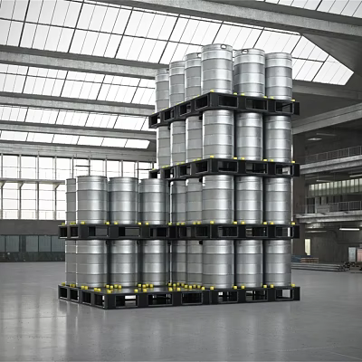 Heavy Duty Industrial Display Shelving With Stacked Silver Metal Drums In Warehouse 3d model