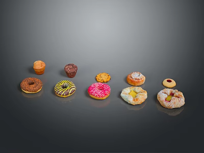 Assorted Delicious Donuts And Pastries With Colorful Glazes And Toppings 3d model