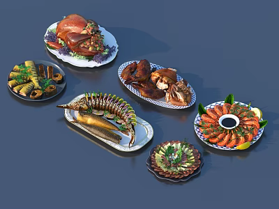 Delicious Assorted Food Platter with Roast Turkey Ribs Shrimp Fish and Vegetables 3d model