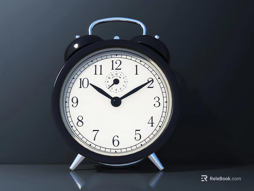 Black Alarm Clock With Bells White Dial Black Numbers And Silver Stand 3d model 
