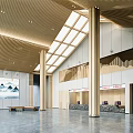 Spacious Modern Hotel Lobby With Wooden Ceiling Skylight And Marble Floor