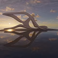 White Curved Garden Ornament With Water Reflection And Blue Sky Background
