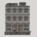 Traditional Gray Brick Commercial Complex Featuring Multiple Floors Windows And Stone Base Entrance