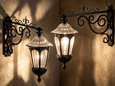Vintage Wall Lamps With Black Ornate Metal Brackets Glass Shades Lit Bulbs On Textured Wall 3d model
