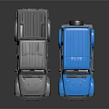 Gray and Blue Off Road Vehicles with Reflective Surfaces on Black Background