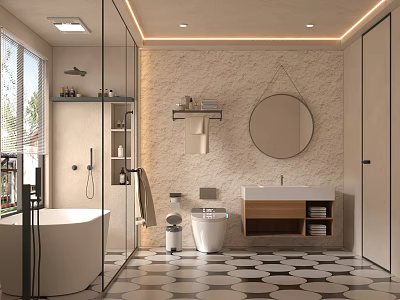 Modern Bathroom Interior With Glass Shower Bathtub Round Mirror Wooden Cabinet And Geometric Tiles 3d model