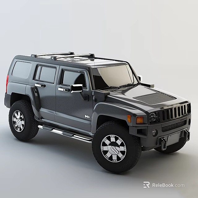 Gray Hummer SUV With Roof Rack Large Wheels And Rugged Off Road Design 3d model 