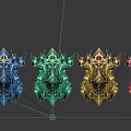Four Colorful Fantasy Shields With Gemstones In Blue Green Red Gold Ornate Design