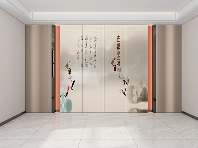 Chinese Style Interior Background Wall With Calligraphy Ink Painting Birds And Vertical Stripe Decorations 3d model