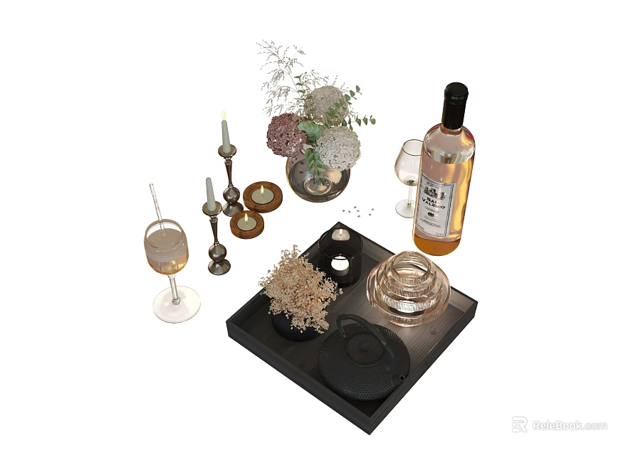 Stylish Decorative Ornament Set With Vase Candles Wine Glasses Tray Wine Bottle And Dried Flowers 3d model 
