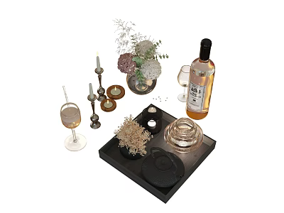 Stylish Decorative Ornament Set With Vase Candles Wine Glasses Tray Wine Bottle And Dried Flowers 3d model
