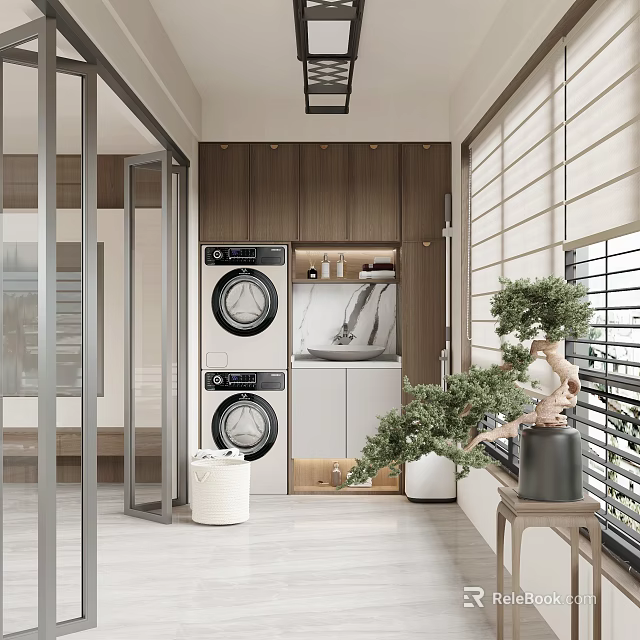 Modern Home Balcony Interior With Washing Machine Dryer Storage Cabinets And Green Plants 3d model 