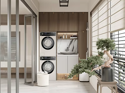 Modern Home Balcony Interior With Washing Machine Dryer Storage Cabinets And Green Plants 3d model
