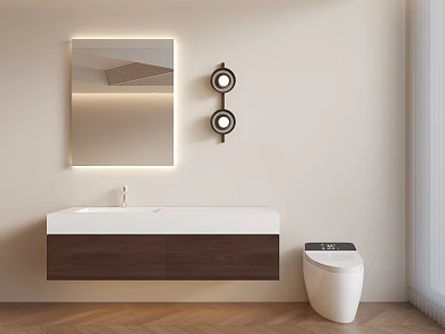Modern Bathroom Combination With Illuminated Mirror Wall Mounted Vanity Toilet And Circular Shelves 3d model