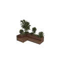 Outdoor Wooden Corner Tree Planter With Lush Green Plants And Shrubs