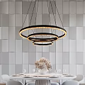 Modern Circular Three Tiered LED Chandelier Over Dining Table With White Chairs And Striped Tiles