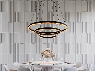 Modern Circular Three Tiered LED Chandelier Over Dining Table With White Chairs And Striped Tiles 3d model
