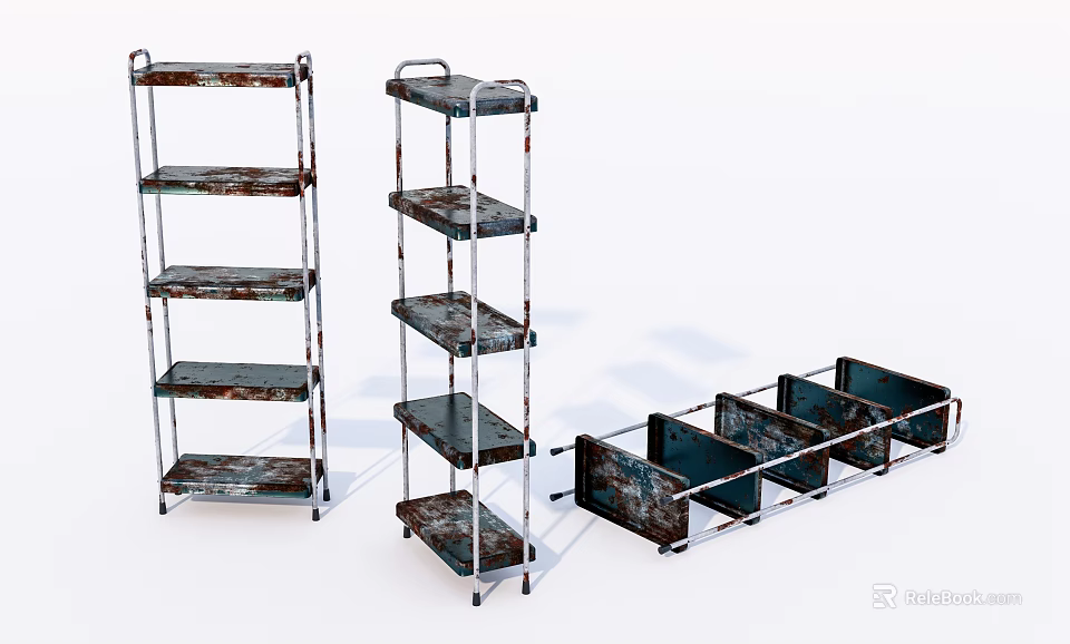 Industrial Rustic Metal Bookshelves With Multiple Tall And Low Storage Shelves Design 3d model 