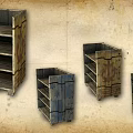 Various Vintage Wooden Storage Cabinets With Decorative Doors Open Shelves And Colorful Accents