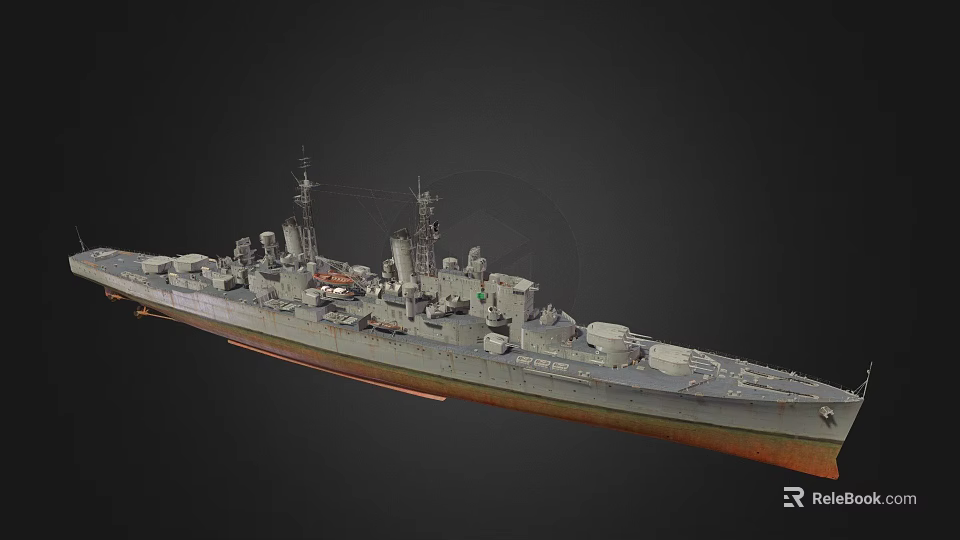 Warship 3D Model With Gray Hull Red Bottom And Deck Details 3d model 