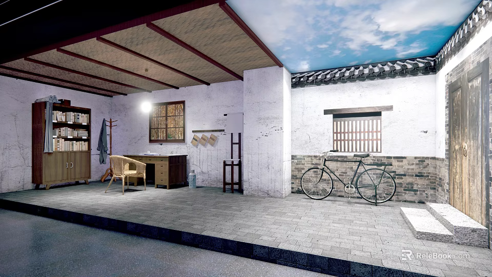 Traditional Cultural Center Courtyard With Tiled Roof White Walls And Bicycle 3d model 