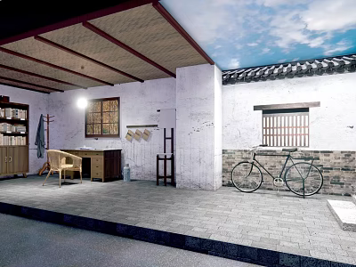 Traditional Cultural Center Courtyard With Tiled Roof White Walls And Bicycle 3d model