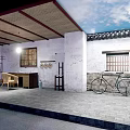Traditional Cultural Center Courtyard With Tiled Roof White Walls And Bicycle
