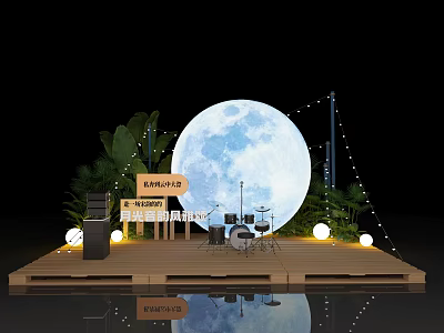 Outdoor Concert Stage With Giant Moon Plants String Lights And Drum Set 3d model