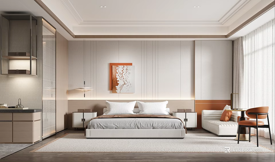 Hotel Guest Room Interior Design With Neutral Tones Wooden Accents And Decorative Painting 3d model 