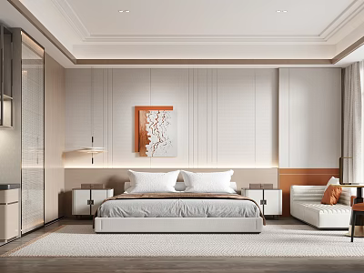 Hotel Guest Room Interior Design With Neutral Tones Wooden Accents And Decorative Painting 3d model