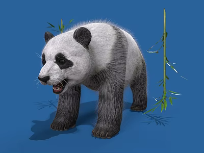 Fluffy Black And White Panda Standing With Green Bamboo Leaves On Blue Background 3d model