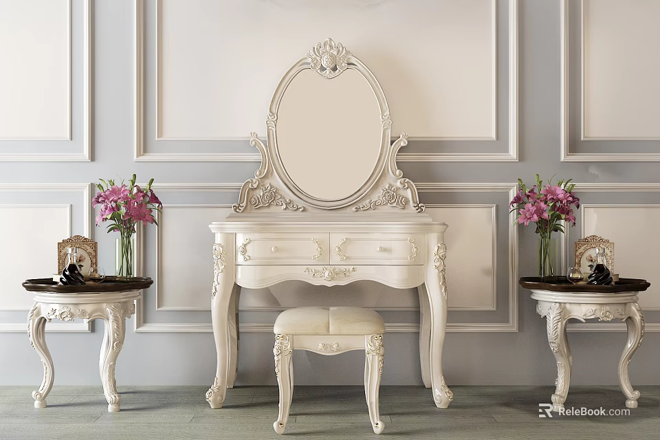 Elegant Carved White Dressing Table With Stool Side Tables And Pink Flowers 3d model 
