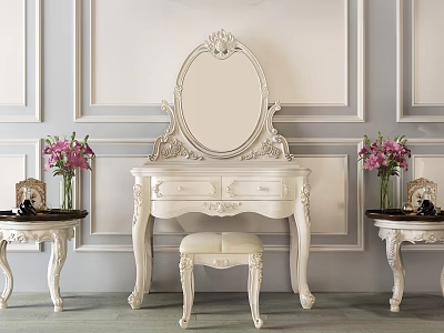 Elegant Carved White Dressing Table With Stool Side Tables And Pink Flowers 3d model