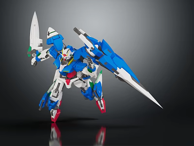 Blue White Mecha Model with Green Red Accents Large Blades in Dynamic Action Pose 3d model