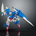 Blue White Mecha Model with Green Red Accents Large Blades in Dynamic Action Pose