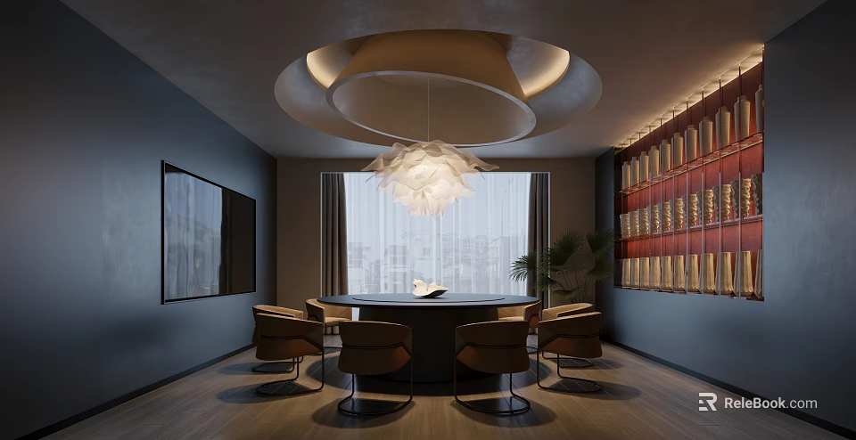 Elegant Private Room with Round Table Comfortable Chairs Pendant Light Window Curtains and Wooden Bookshelves 3d model 