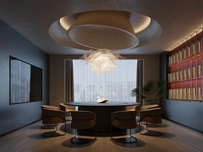 Elegant Private Room with Round Table Comfortable Chairs Pendant Light Window Curtains and Wooden Bookshelves 3d model