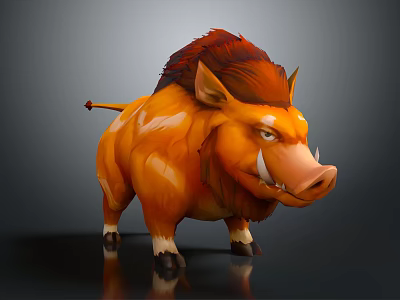 Vibrant Orange Boar with Red Mane White Tusks and Small Tail in 3D Design 3d model