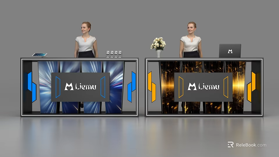 Modern Reception Desk with Staff Menu Logo Flower Arrangement and Computer 3d model 