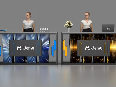 Modern Reception Desk with Staff Menu Logo Flower Arrangement and Computer 3d model