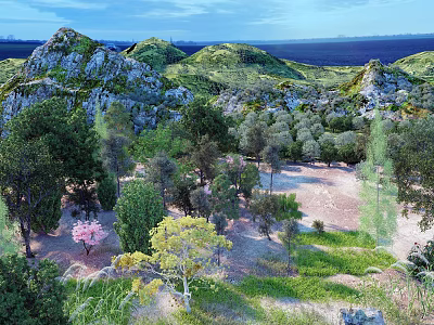 Stunning Coastal Landscape With Lush Green Hills Trees And Distant Blue Sea Under Clear Sky 3d model