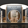 Chinese Style Exhibition Booth Design With Circular Archway Wooden Furniture And Landscape Painting Elements