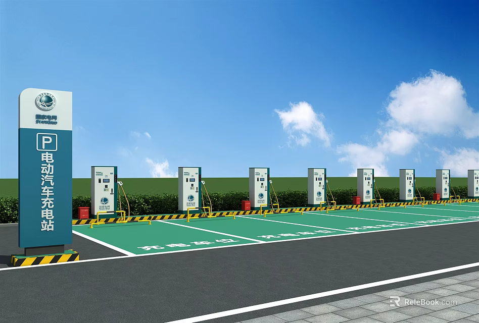 Electric Vehicle Charging Station With Multiple Charging Piles And Green Parking Area 3d model 